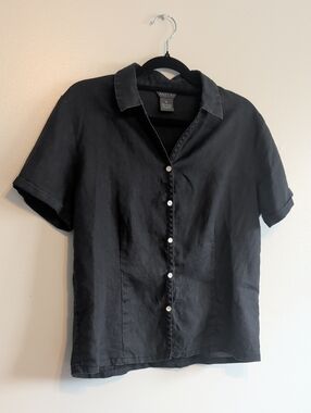 100% Linen Short Sleeve Black Button-Up Shirt 10 M Mantles